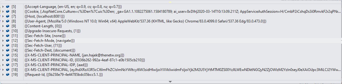 Headers being passed from Easy Auth to Azure Functions in Visual Studio
